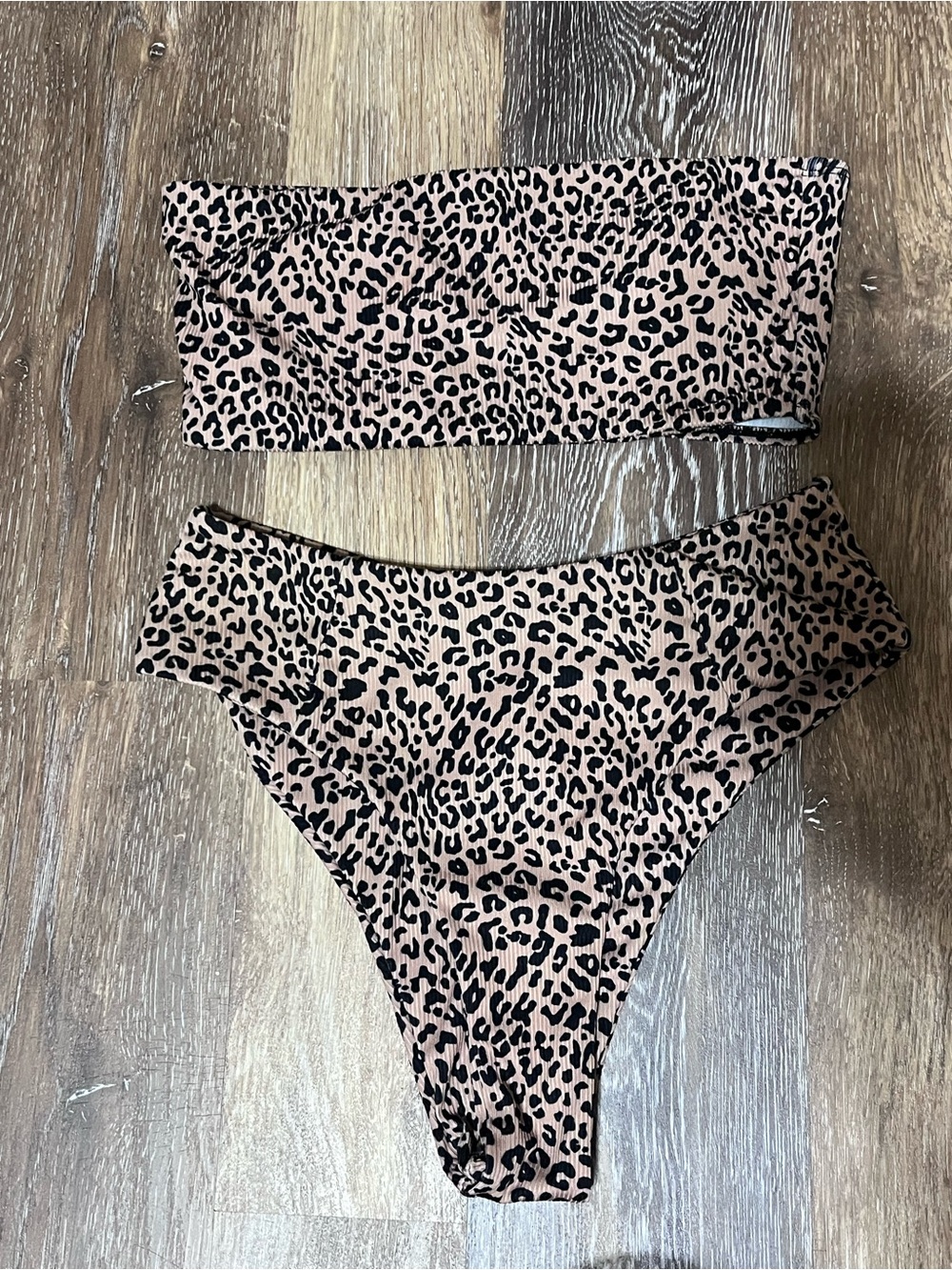 Leopard Print Strapless Bikini Set - Nude & Black